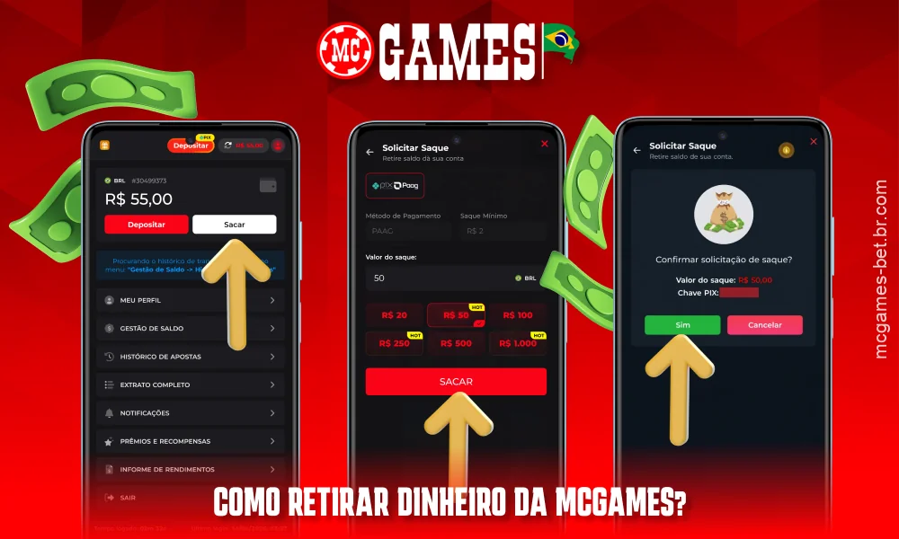 Para sacar fundos, os jogadores do MCGames devem selecionar o valor e confirmar a solicitação